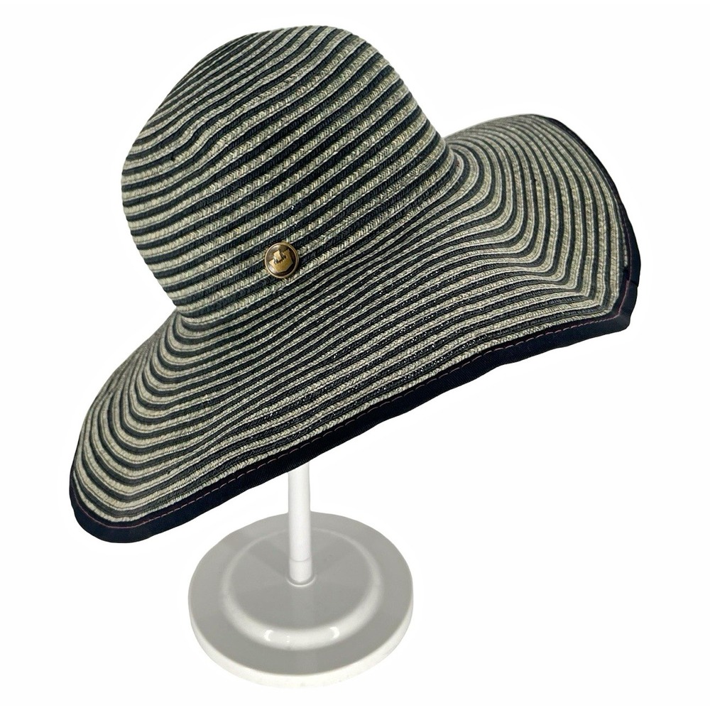 Goorin Bros Women's Small Wide Brim Sun Hat Black Tan Striped Floppy Woven small